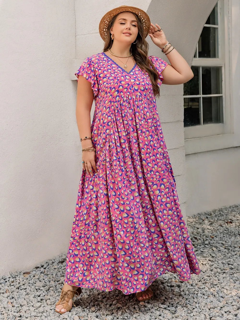 Plus Size Printed V - Neck Flutter Sleeve Tie Waist Maxi Dress - MAD RUFFI