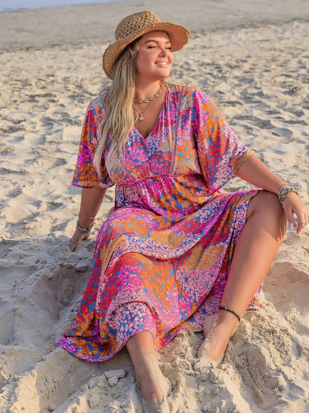 Plus Size Printed V - Neck Half Sleeve Maxi Dress - MAD RUFFI