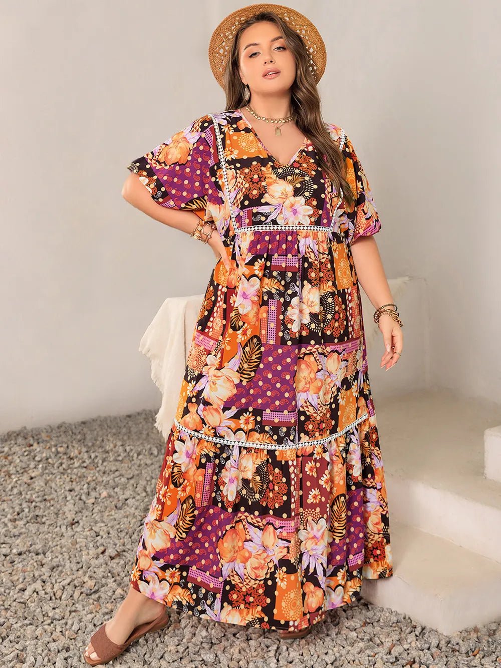 Plus Size Printed V - Neck Half Sleeve Maxi Dress - MAD RUFFI