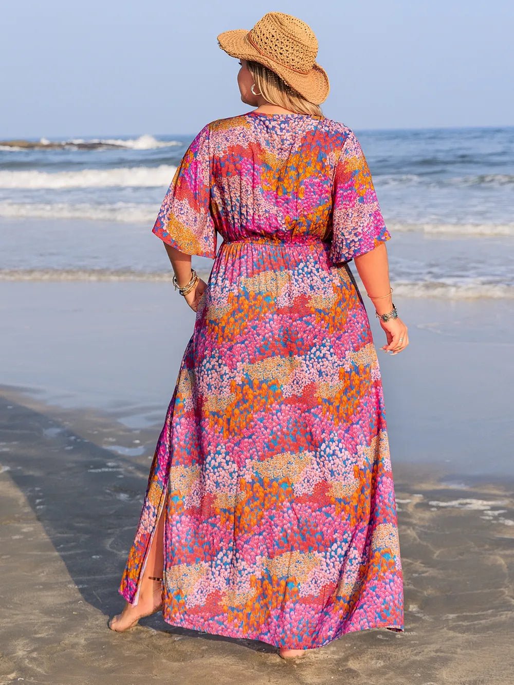 Plus Size Printed V - Neck Half Sleeve Maxi Dress - MAD RUFFI