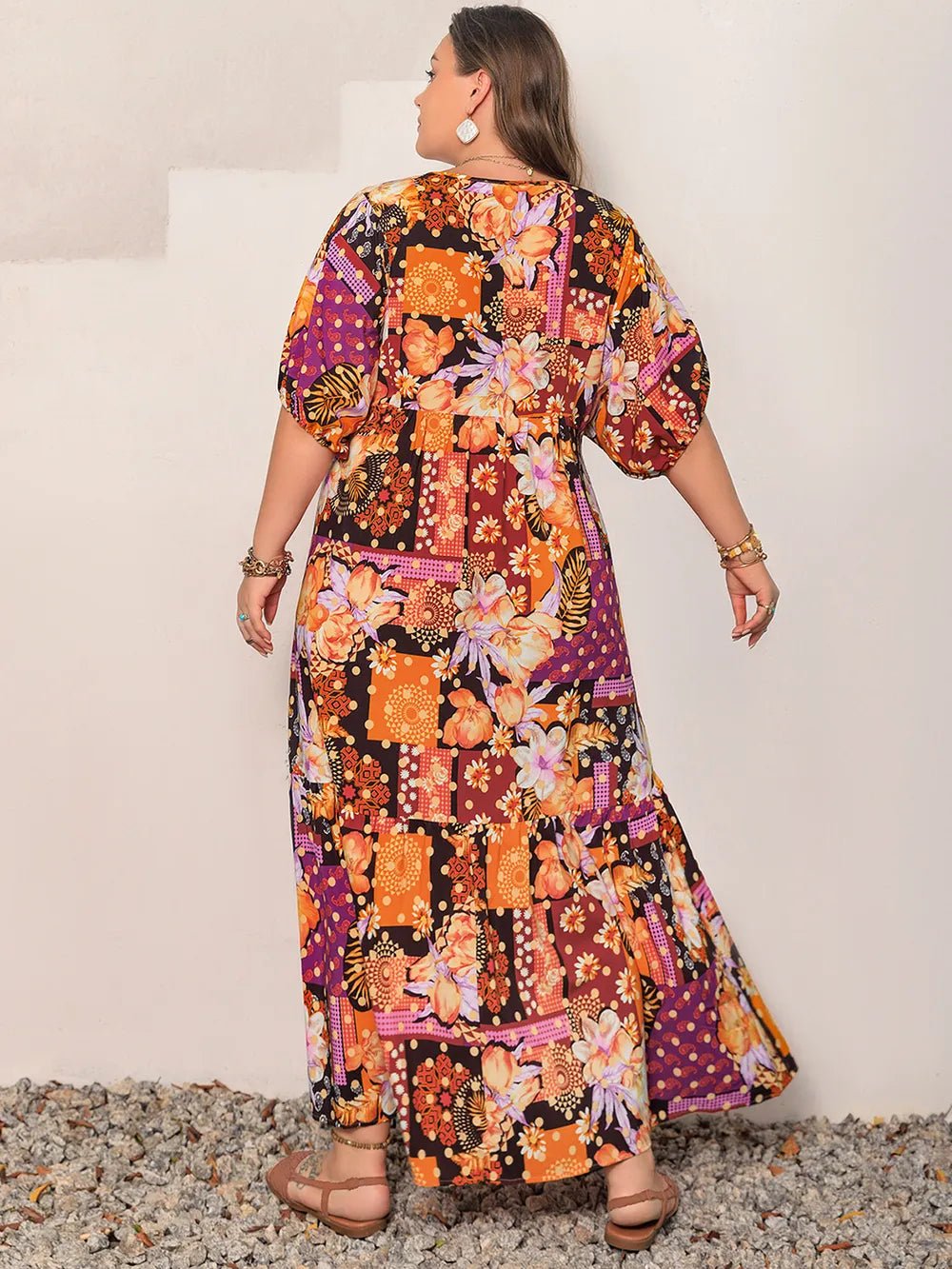 Plus Size Printed V - Neck Half Sleeve Maxi Dress - MAD RUFFI