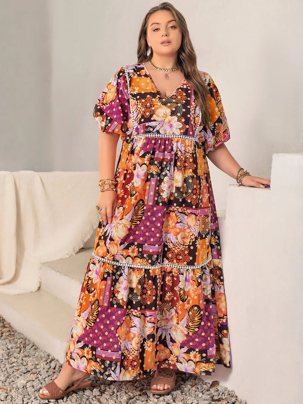 Plus Size Printed V - Neck Half Sleeve Maxi Dress - MAD RUFFI