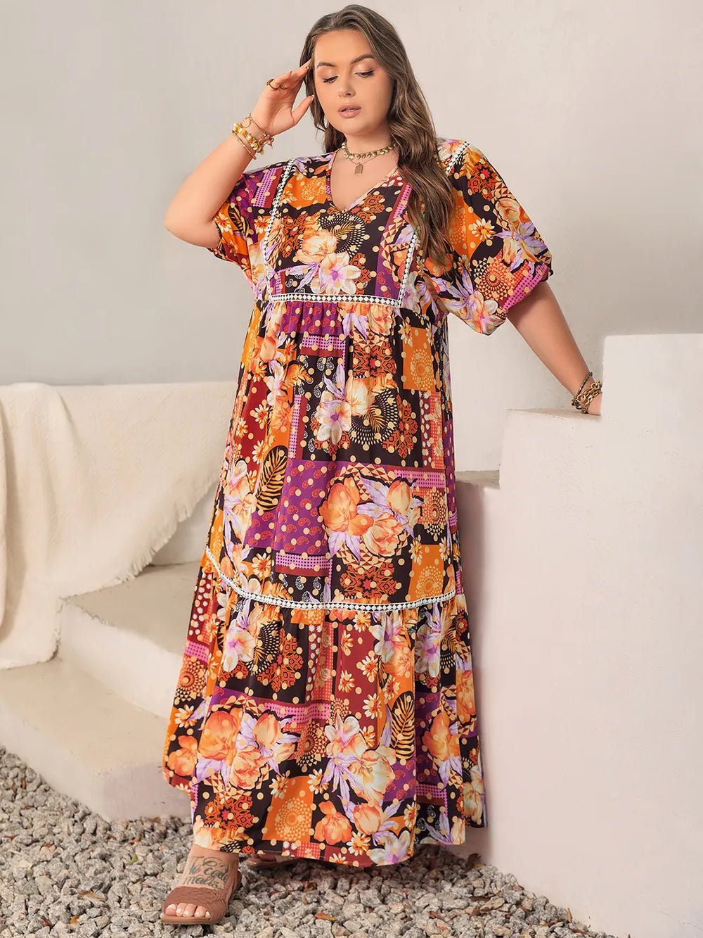 Plus Size Printed V - Neck Half Sleeve Maxi Dress - MAD RUFFI