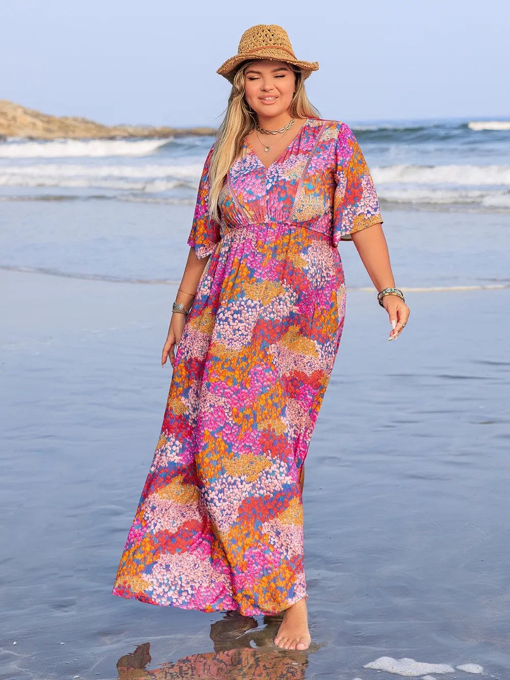 Plus Size Printed V - Neck Half Sleeve Maxi Dress - MAD RUFFI