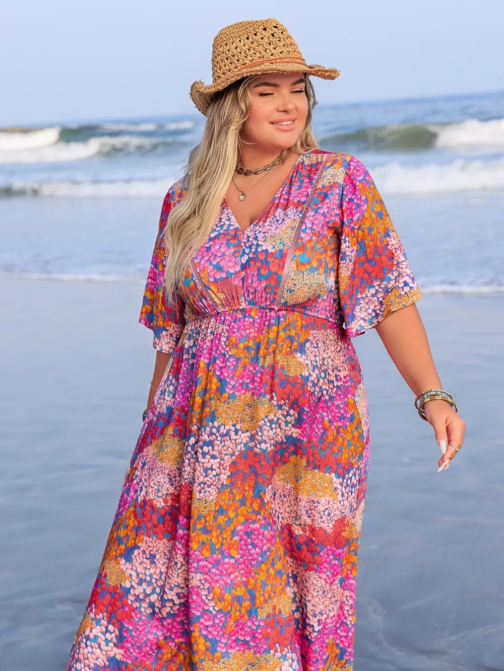 Plus Size Printed V - Neck Half Sleeve Maxi Dress - MAD RUFFI