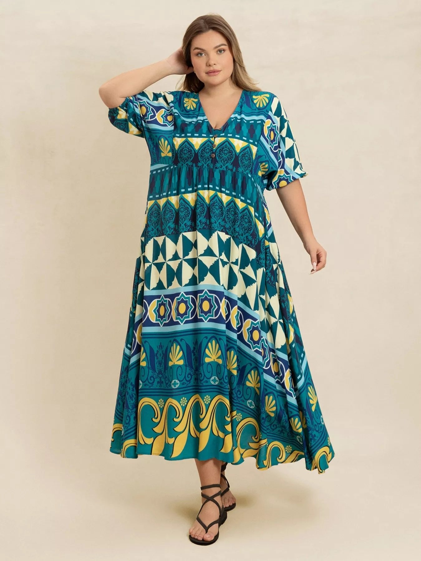 Plus Size Printed V - Neck Half Sleeve Midi Dress - MAD RUFFI