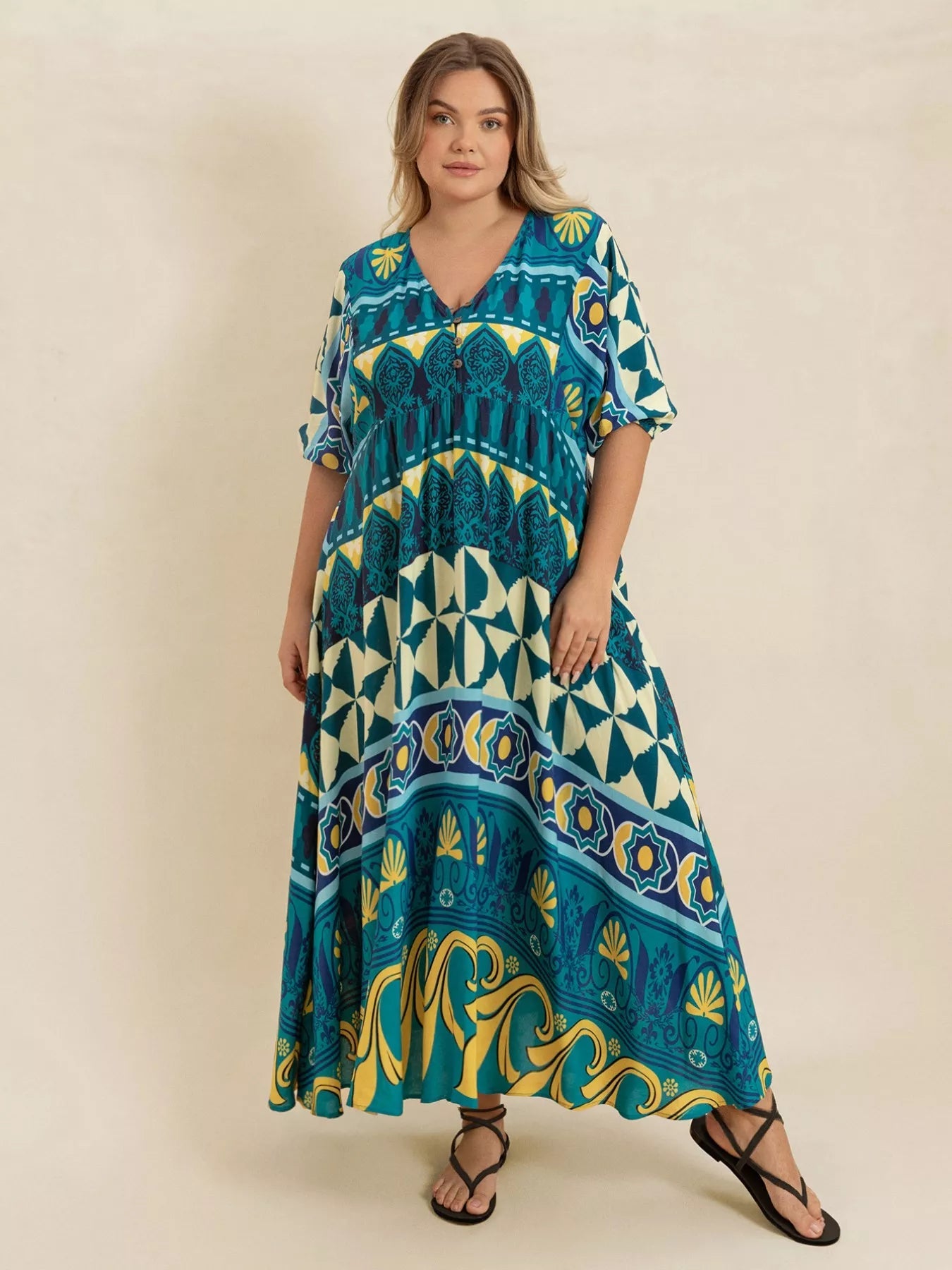 Plus Size Printed V - Neck Half Sleeve Midi Dress - MAD RUFFI