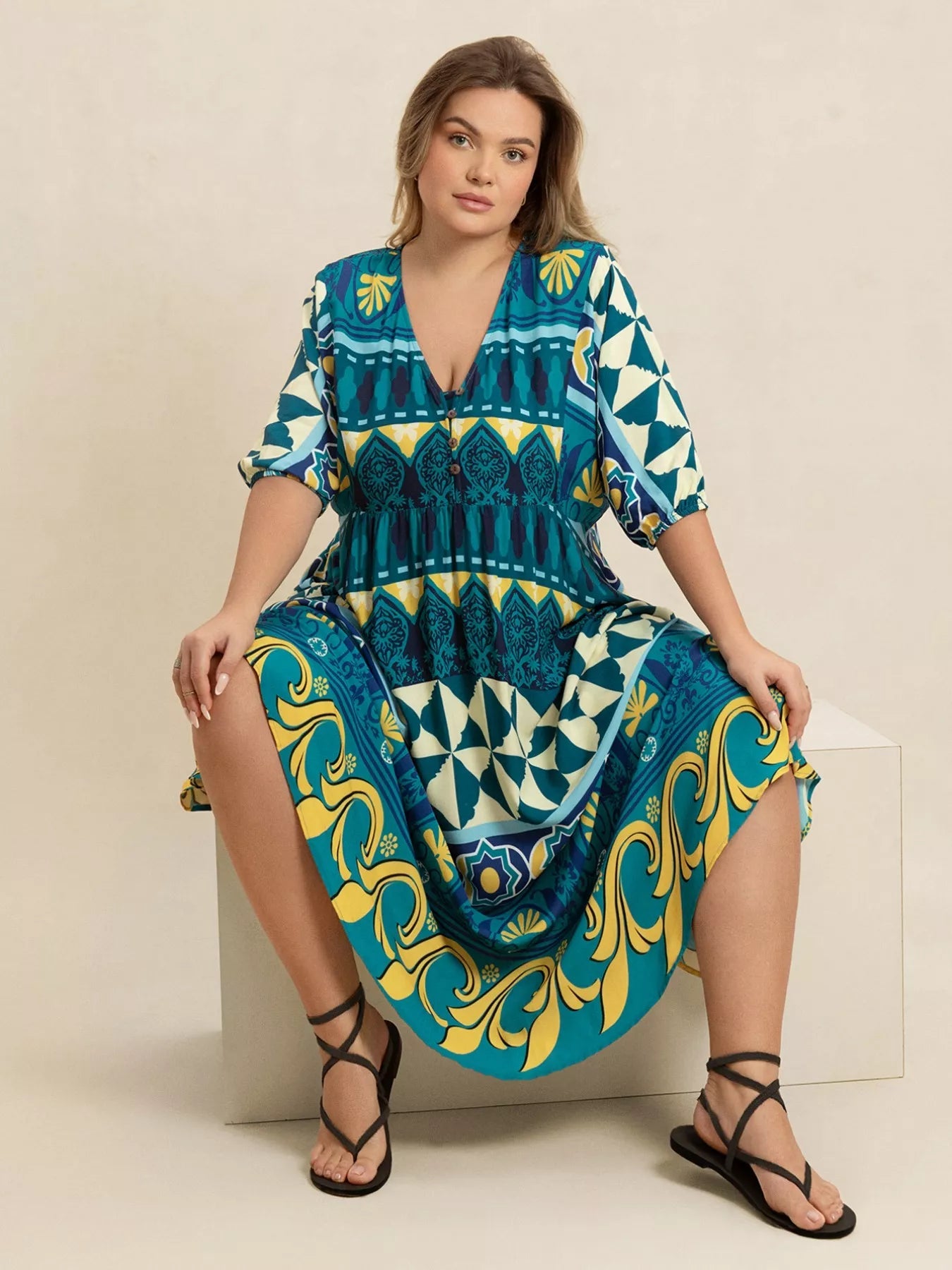 Plus Size Printed V - Neck Half Sleeve Midi Dress - MAD RUFFI