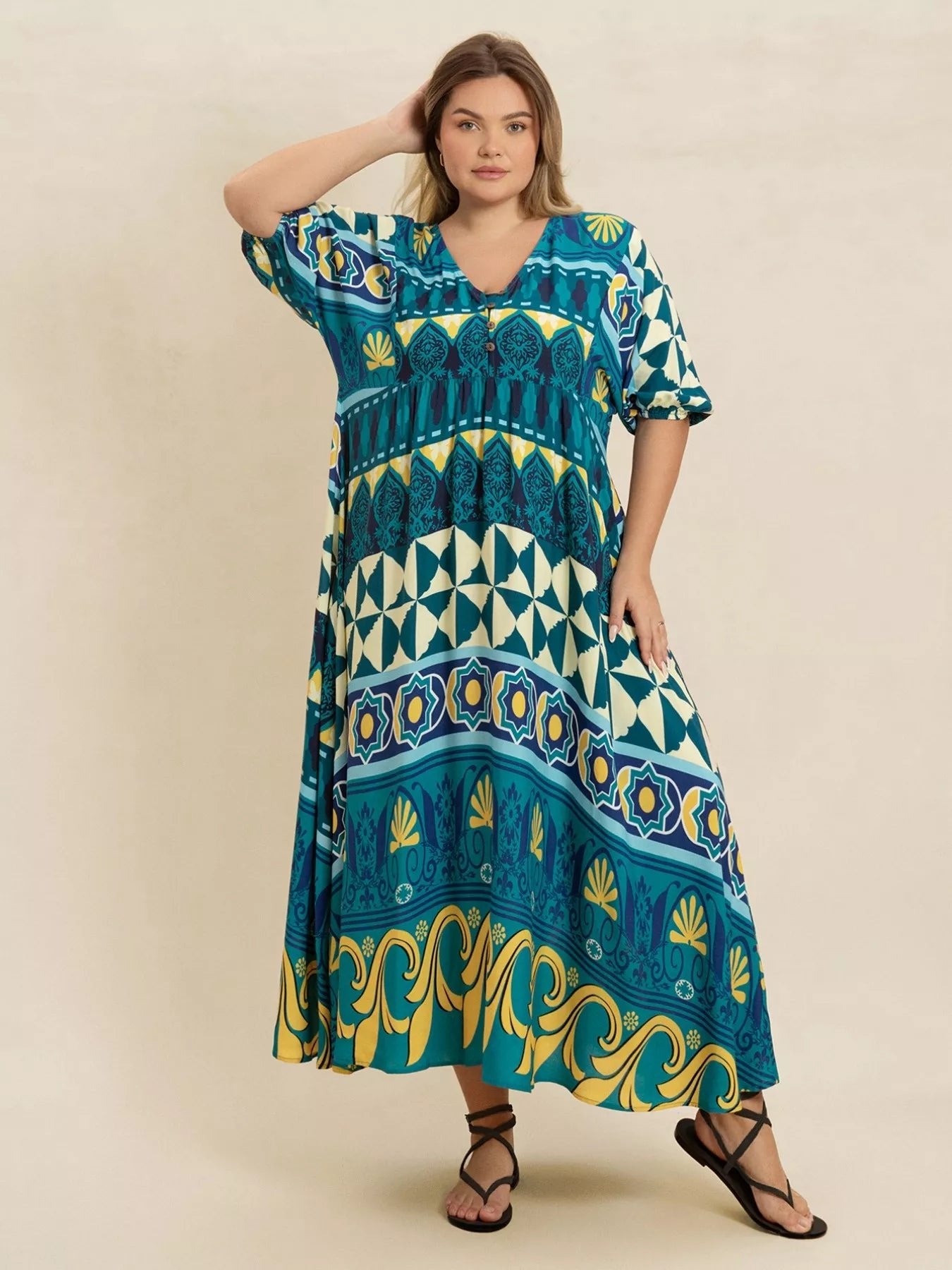 Plus Size Printed V - Neck Half Sleeve Midi Dress - MAD RUFFI
