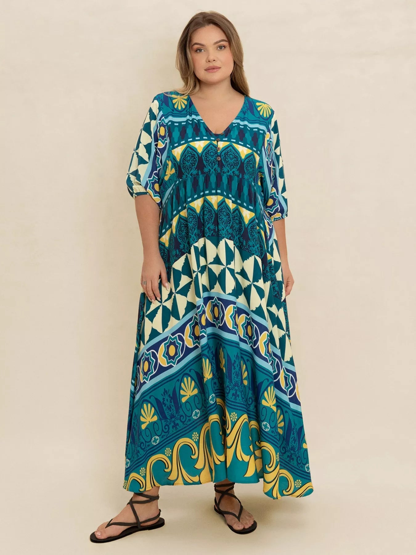Plus Size Printed V - Neck Half Sleeve Midi Dress - MAD RUFFI