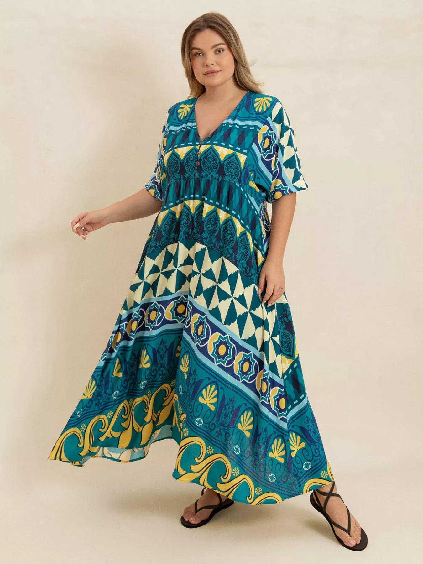 Plus Size Printed V - Neck Half Sleeve Midi Dress - MAD RUFFI