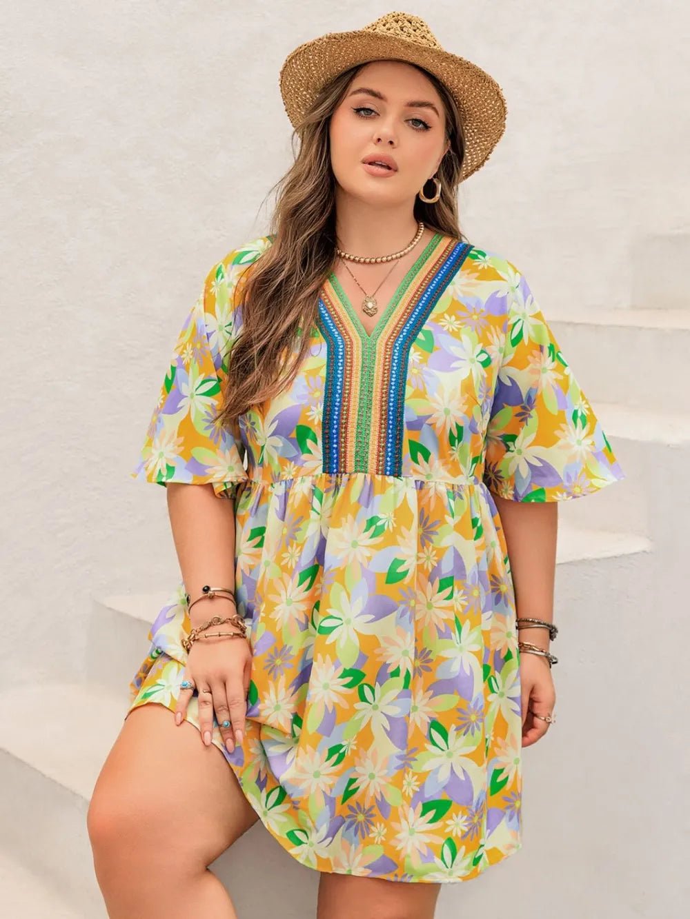 Plus Size Printed V - Neck Half Sleeve Mini Dress - MAD RUFFI