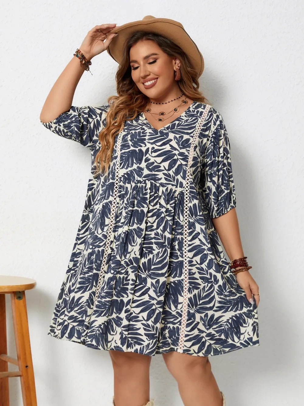 Plus Size Printed V - Neck Half Sleeve Mini Dress - MAD RUFFI