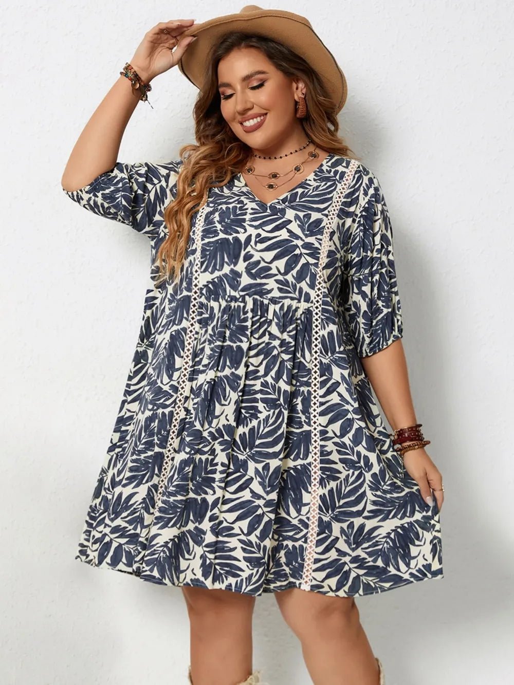 Plus Size Printed V - Neck Half Sleeve Mini Dress - MAD RUFFI