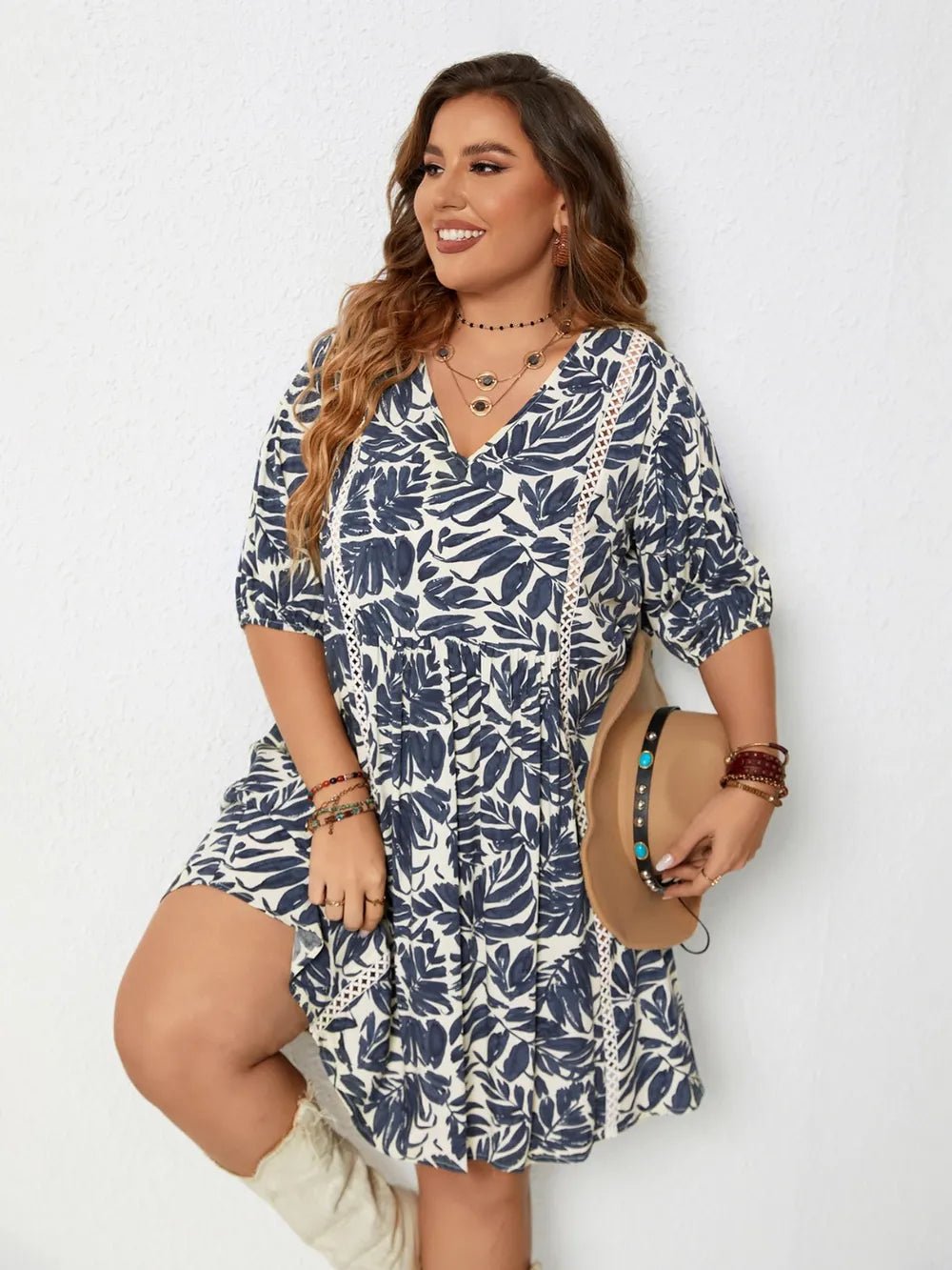 Plus Size Printed V - Neck Half Sleeve Mini Dress - MAD RUFFI