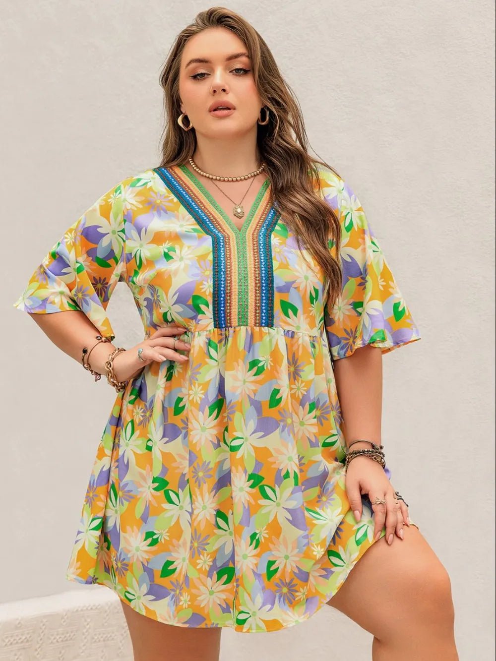 Plus Size Printed V - Neck Half Sleeve Mini Dress - MAD RUFFI