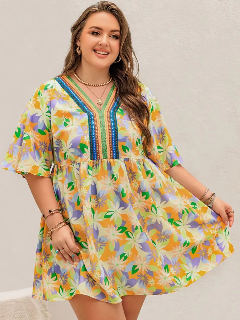 Plus Size Printed V - Neck Half Sleeve Mini Dress - MAD RUFFI
