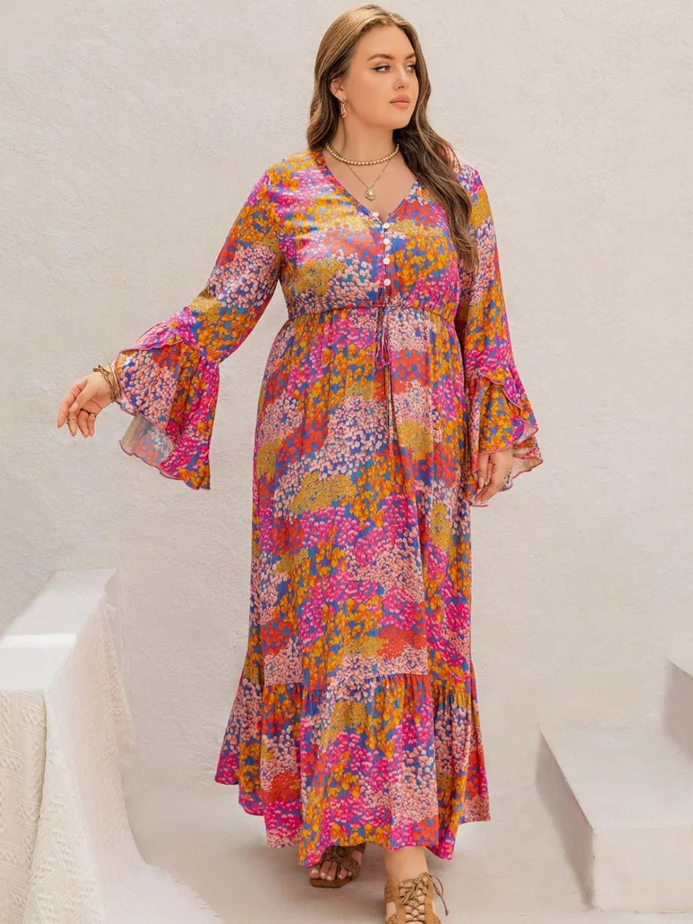 Plus Size Printed V - Neck Long Sleeve Maxi Dress - MAD RUFFI