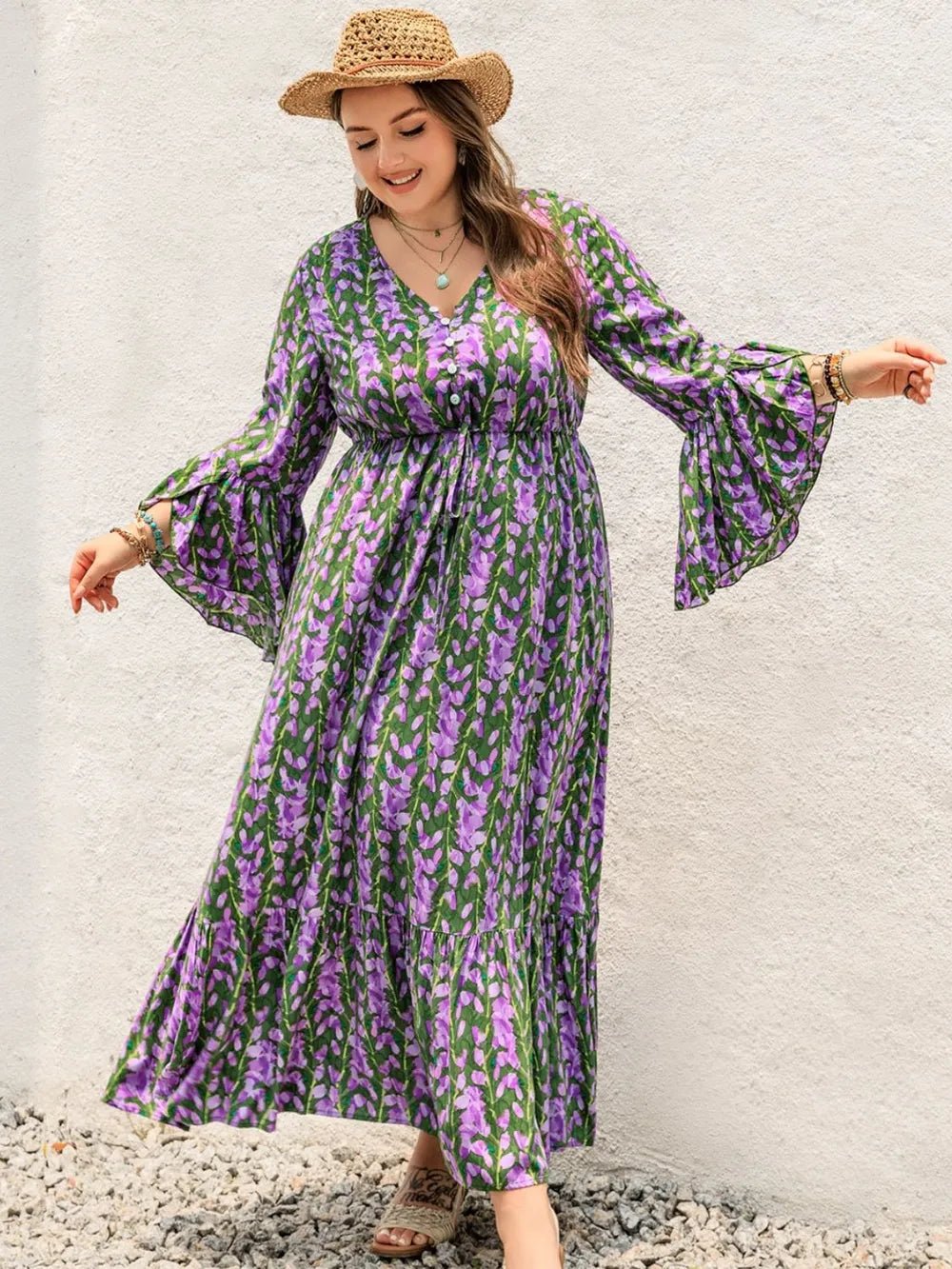 Plus Size Printed V - Neck Long Sleeve Maxi Dress - MAD RUFFI