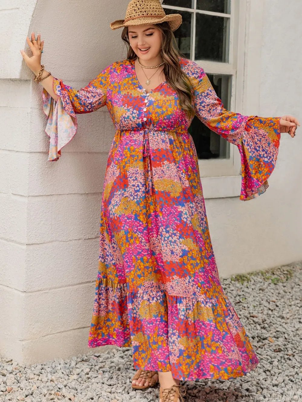 Plus Size Printed V - Neck Long Sleeve Maxi Dress - MAD RUFFI