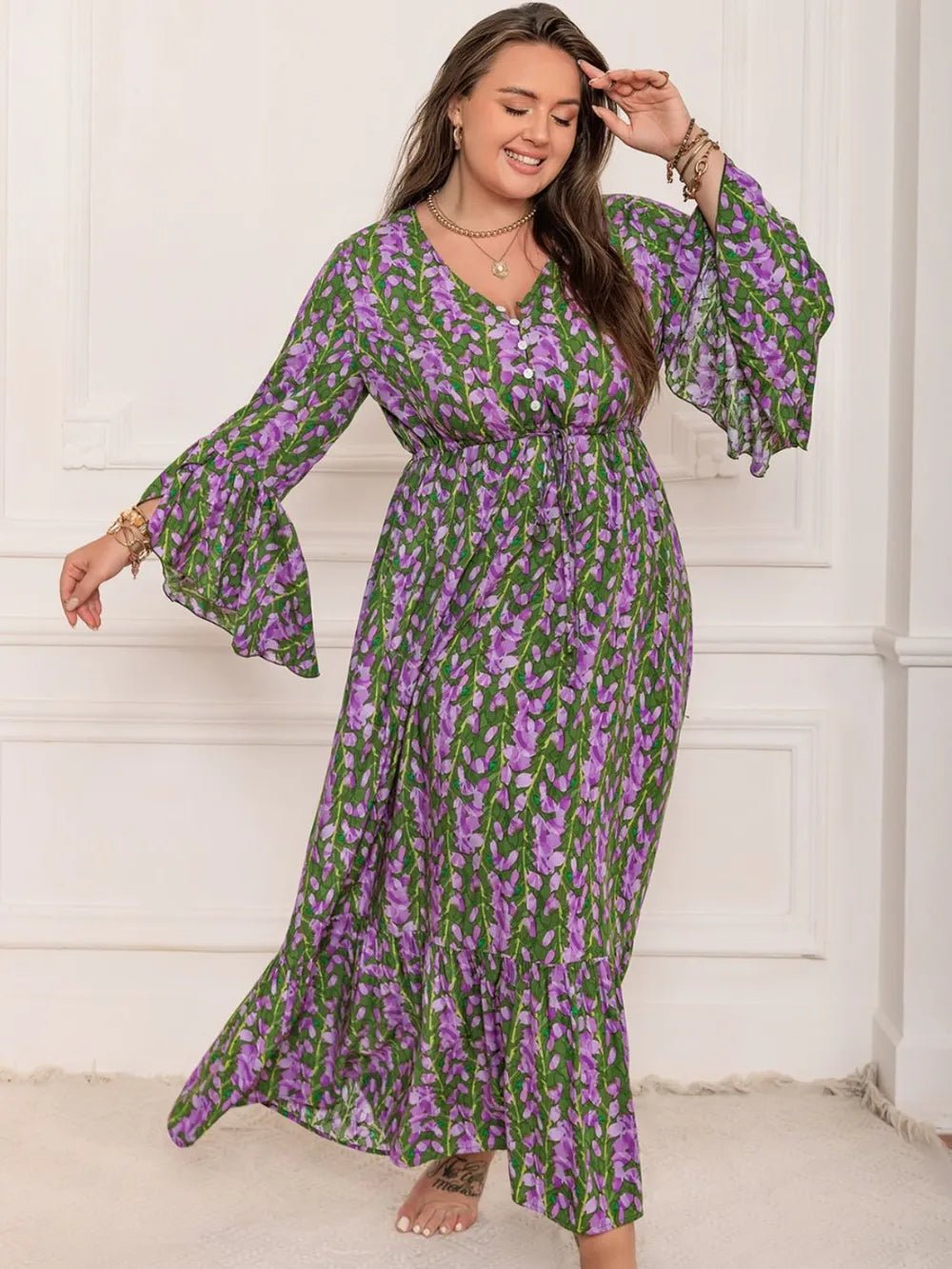 Plus Size Printed V - Neck Long Sleeve Maxi Dress - MAD RUFFI