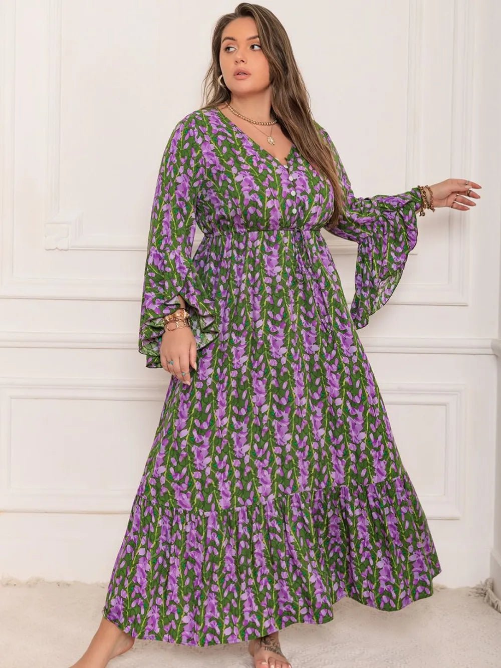Plus Size Printed V - Neck Long Sleeve Maxi Dress - MAD RUFFI