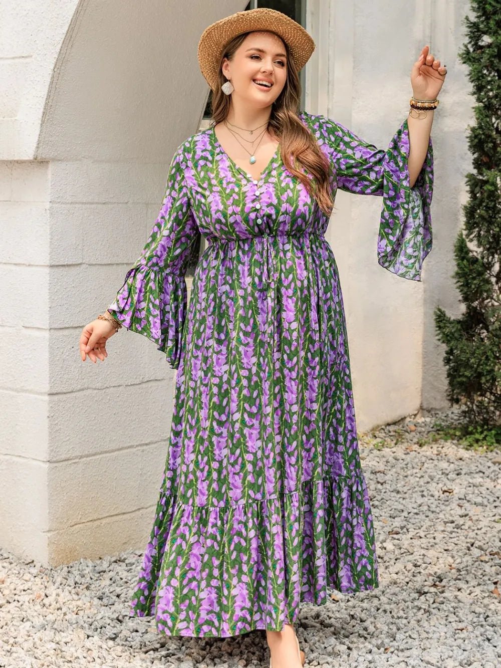 Plus Size Printed V - Neck Long Sleeve Maxi Dress - MAD RUFFI
