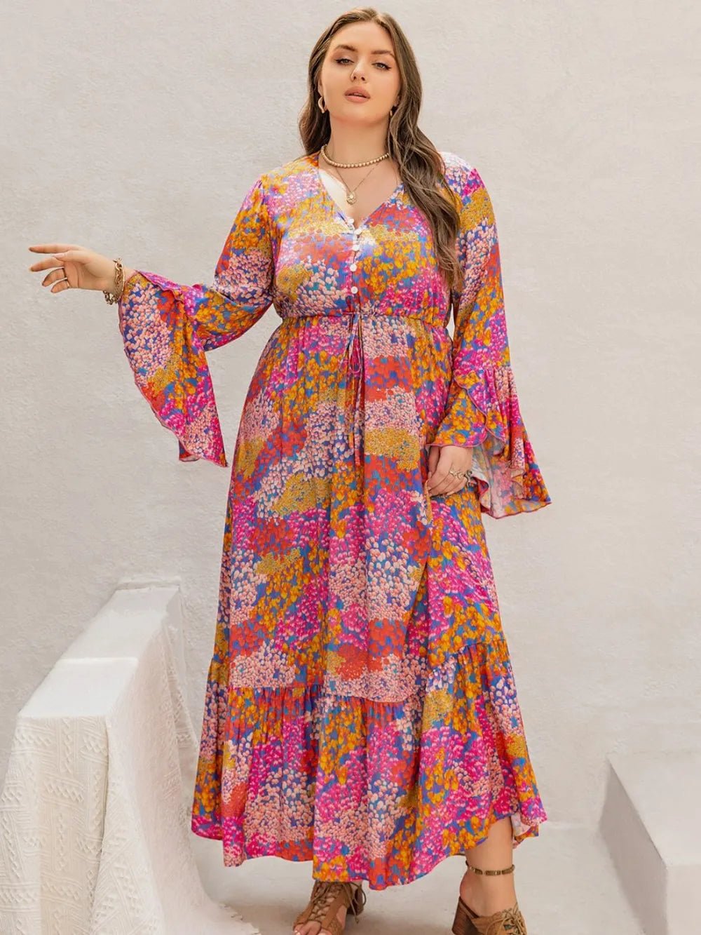 Plus Size Printed V - Neck Long Sleeve Maxi Dress - MAD RUFFI