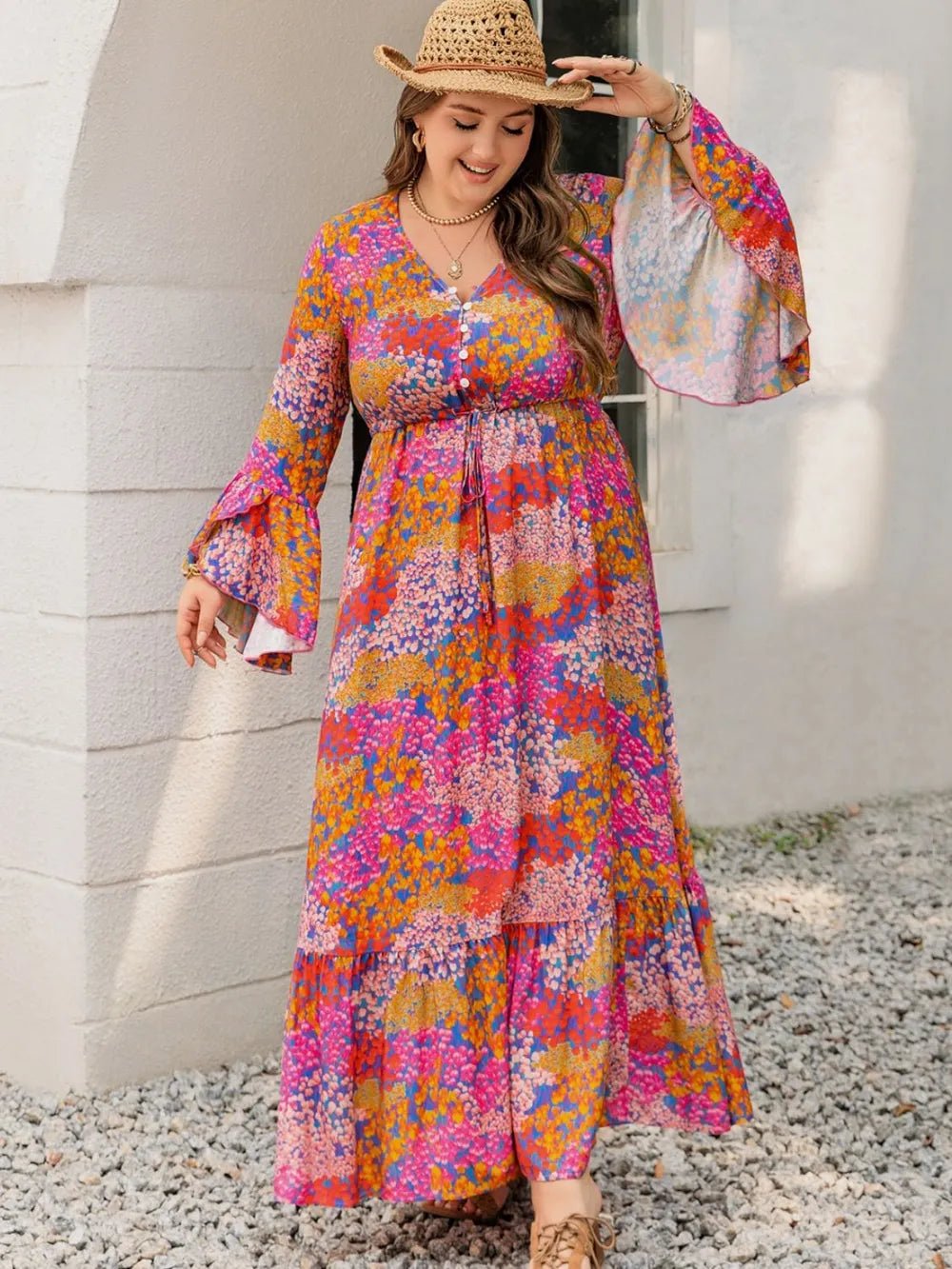 Plus Size Printed V - Neck Long Sleeve Maxi Dress - MAD RUFFI