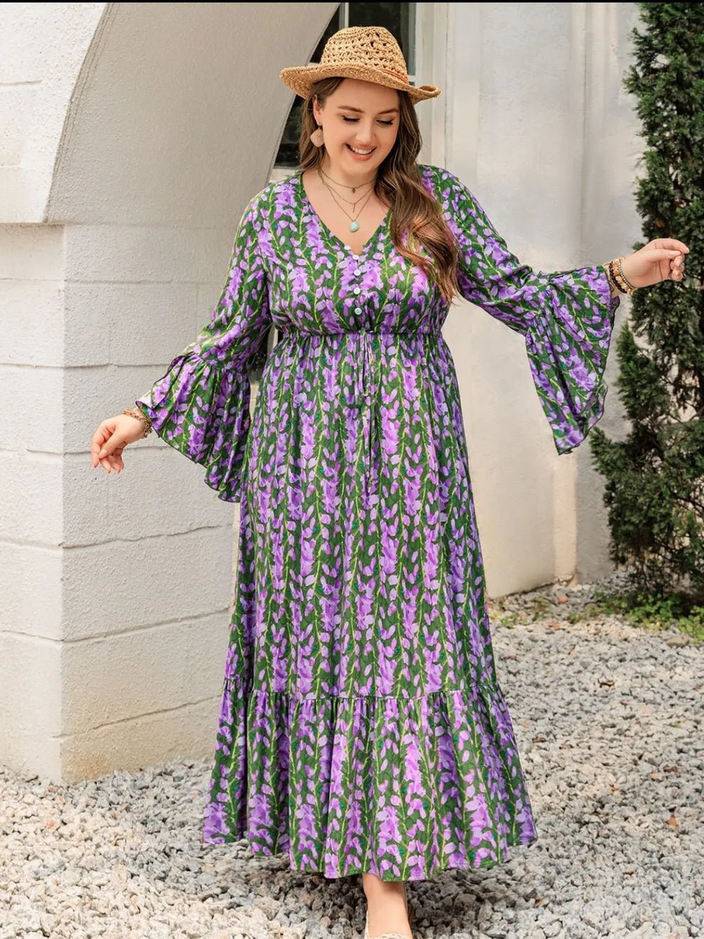 Plus Size Printed V - Neck Long Sleeve Maxi Dress - MAD RUFFI