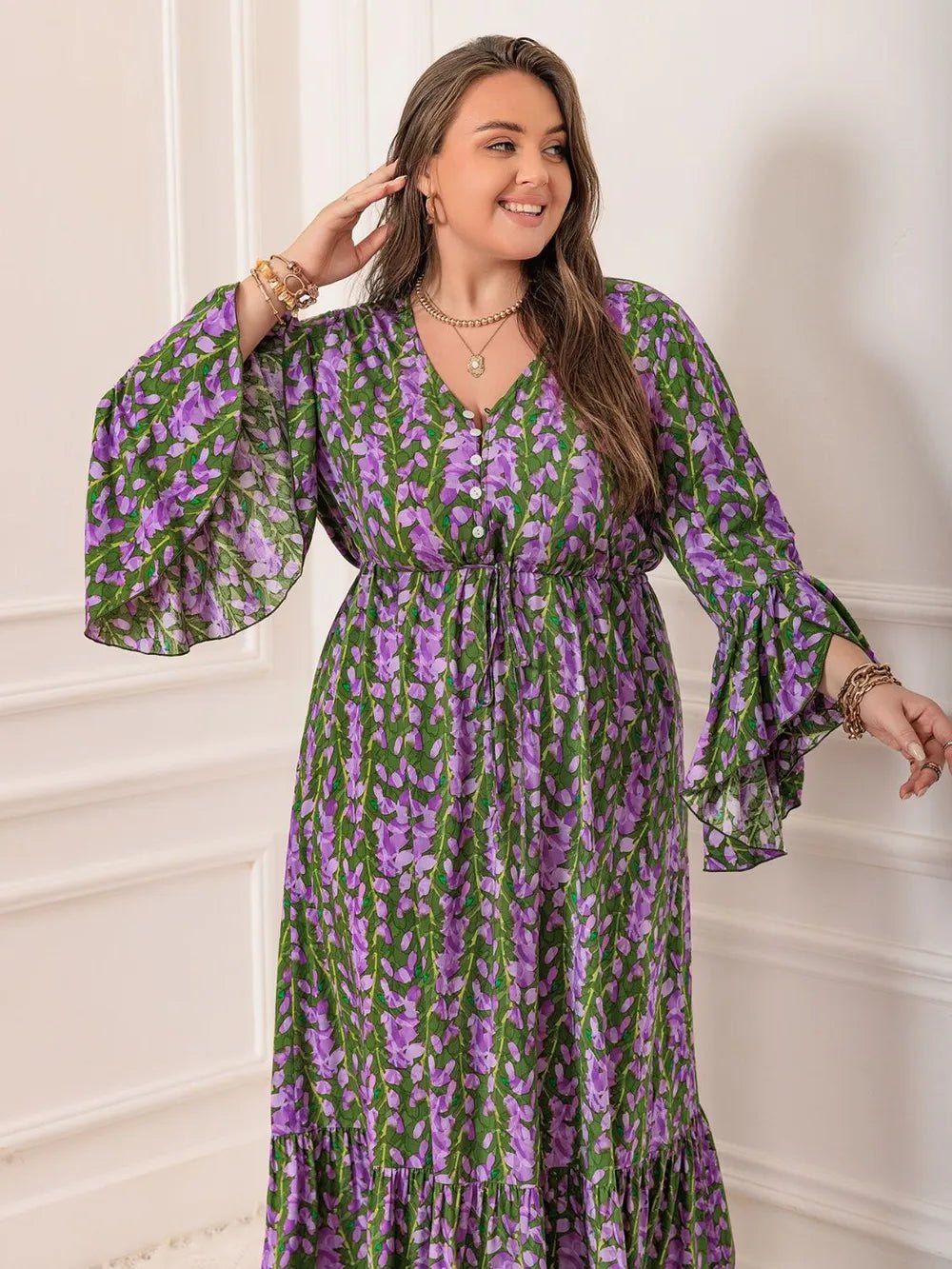 Plus Size Printed V - Neck Long Sleeve Maxi Dress - MAD RUFFI