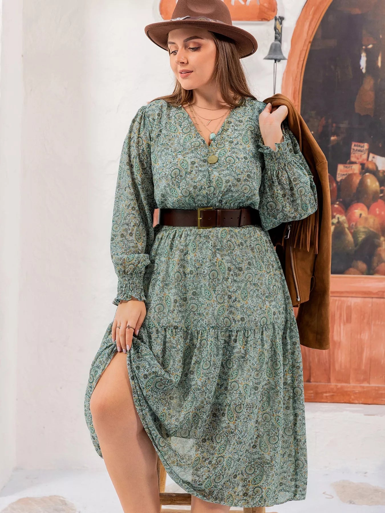 Plus Size Printed V - Neck Long Sleeve Midi Dress - MAD RUFFI