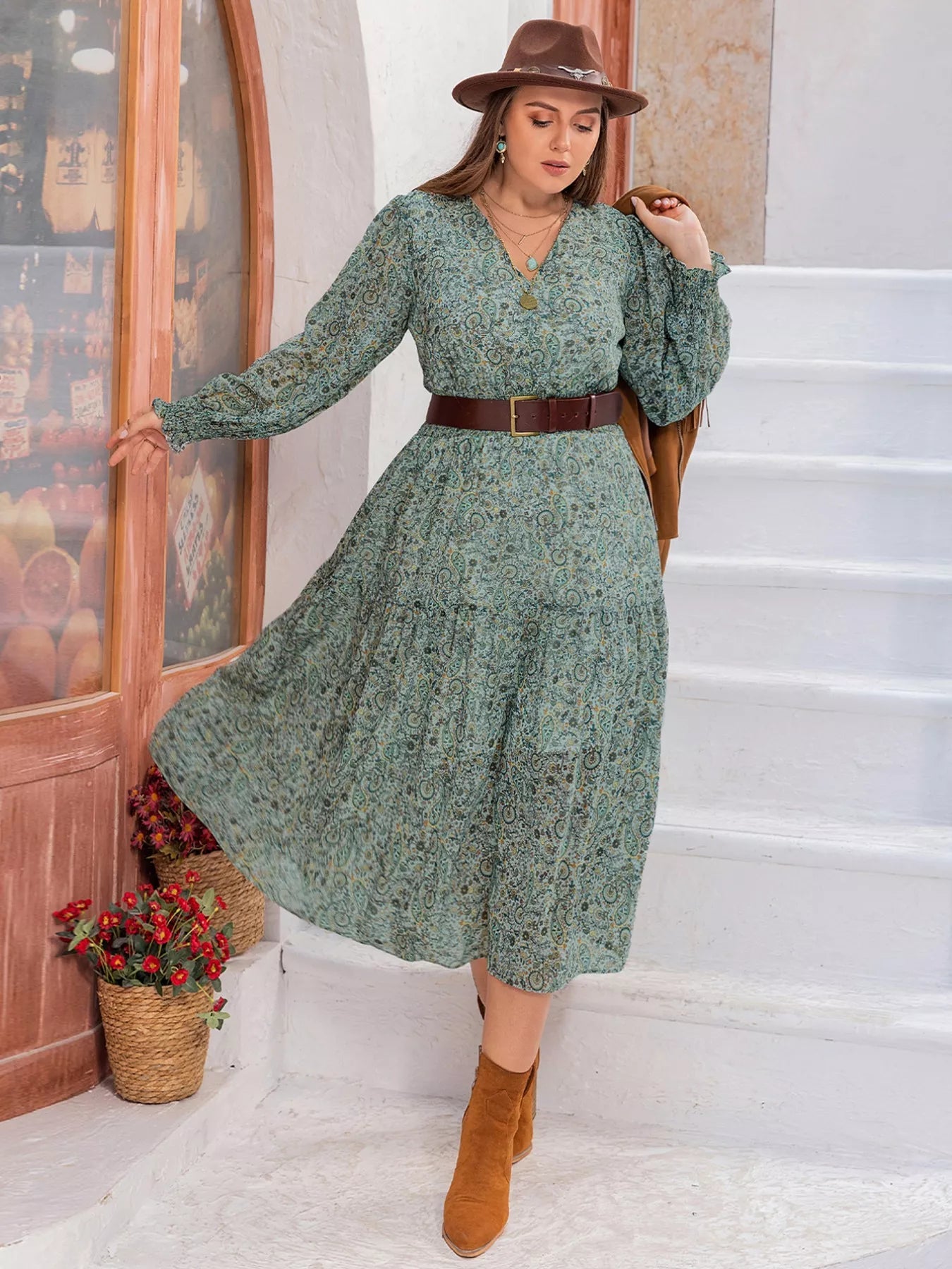 Plus Size Printed V - Neck Long Sleeve Midi Dress - MAD RUFFI