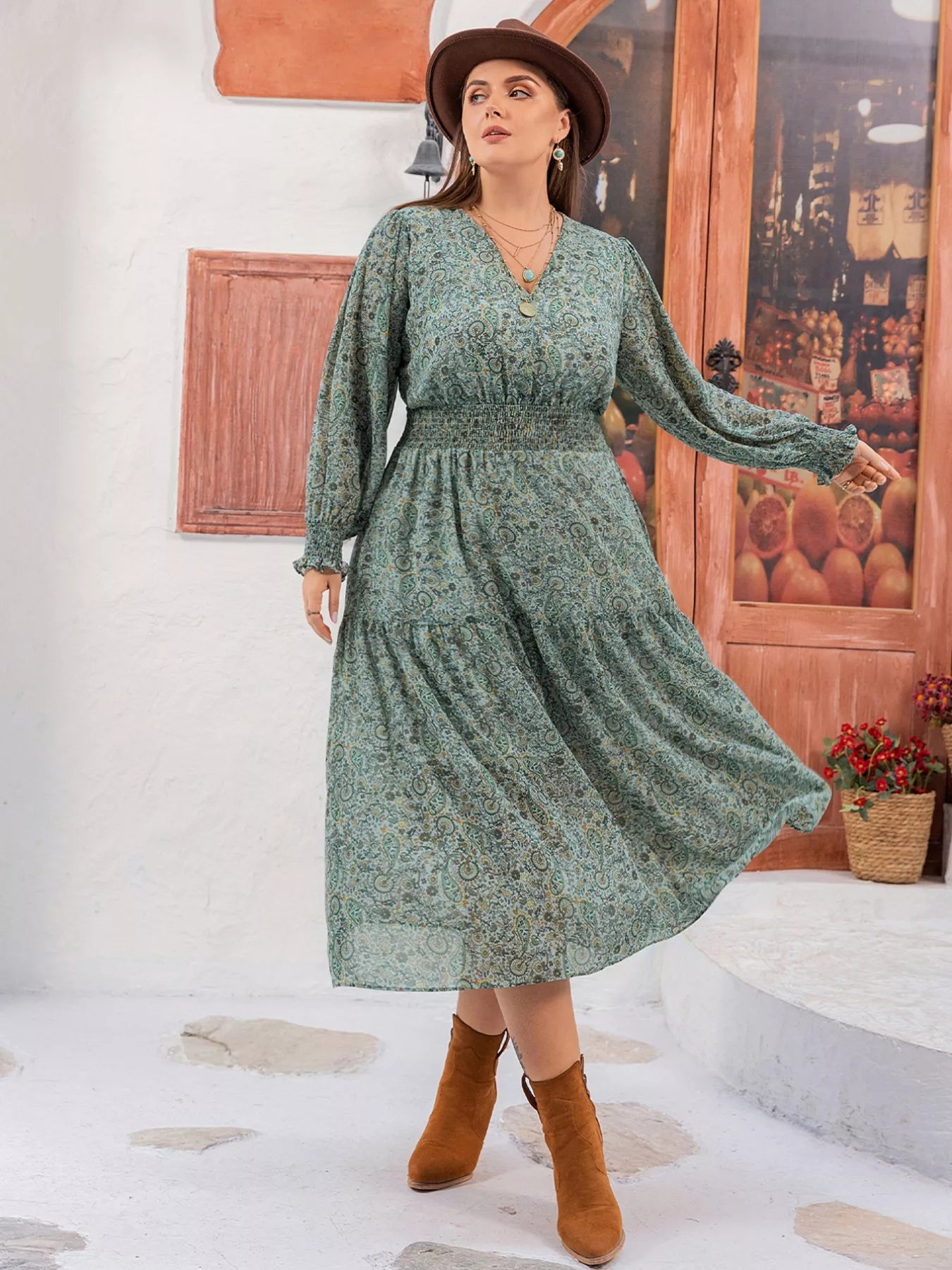 Plus Size Printed V - Neck Long Sleeve Midi Dress - MAD RUFFI