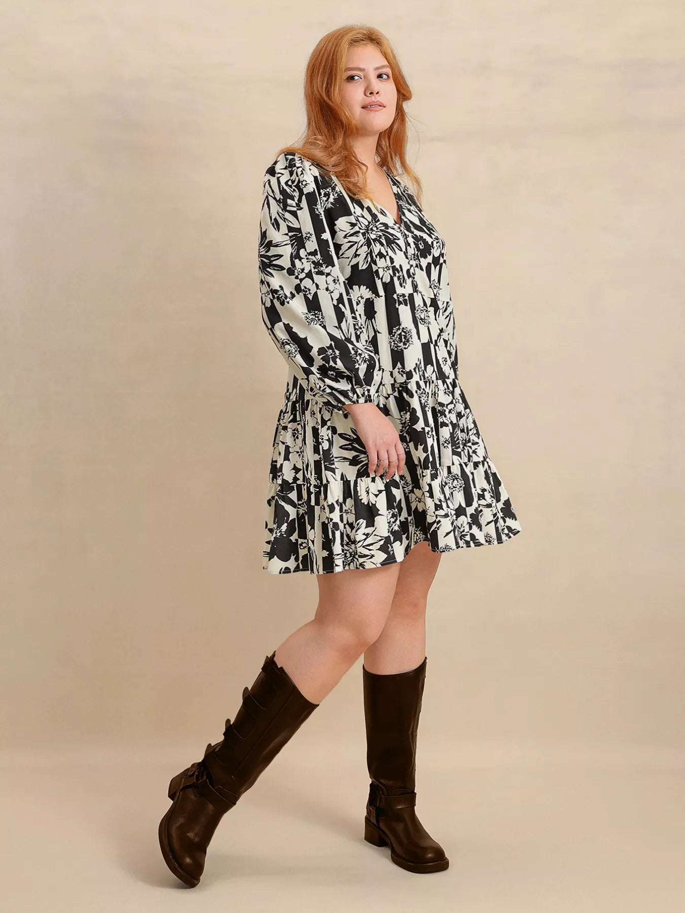 Plus Size Printed V - Neck Long Sleeve Mini Dress - MAD RUFFI