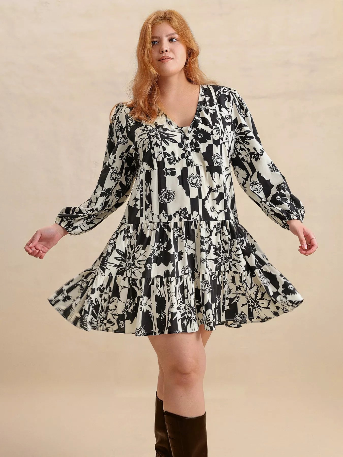 Plus Size Printed V - Neck Long Sleeve Mini Dress - MAD RUFFI