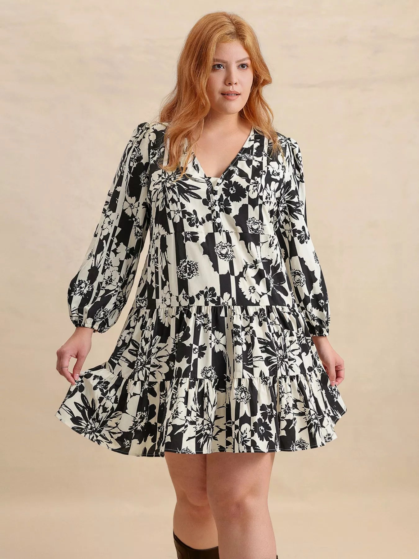 Plus Size Printed V - Neck Long Sleeve Mini Dress - MAD RUFFI