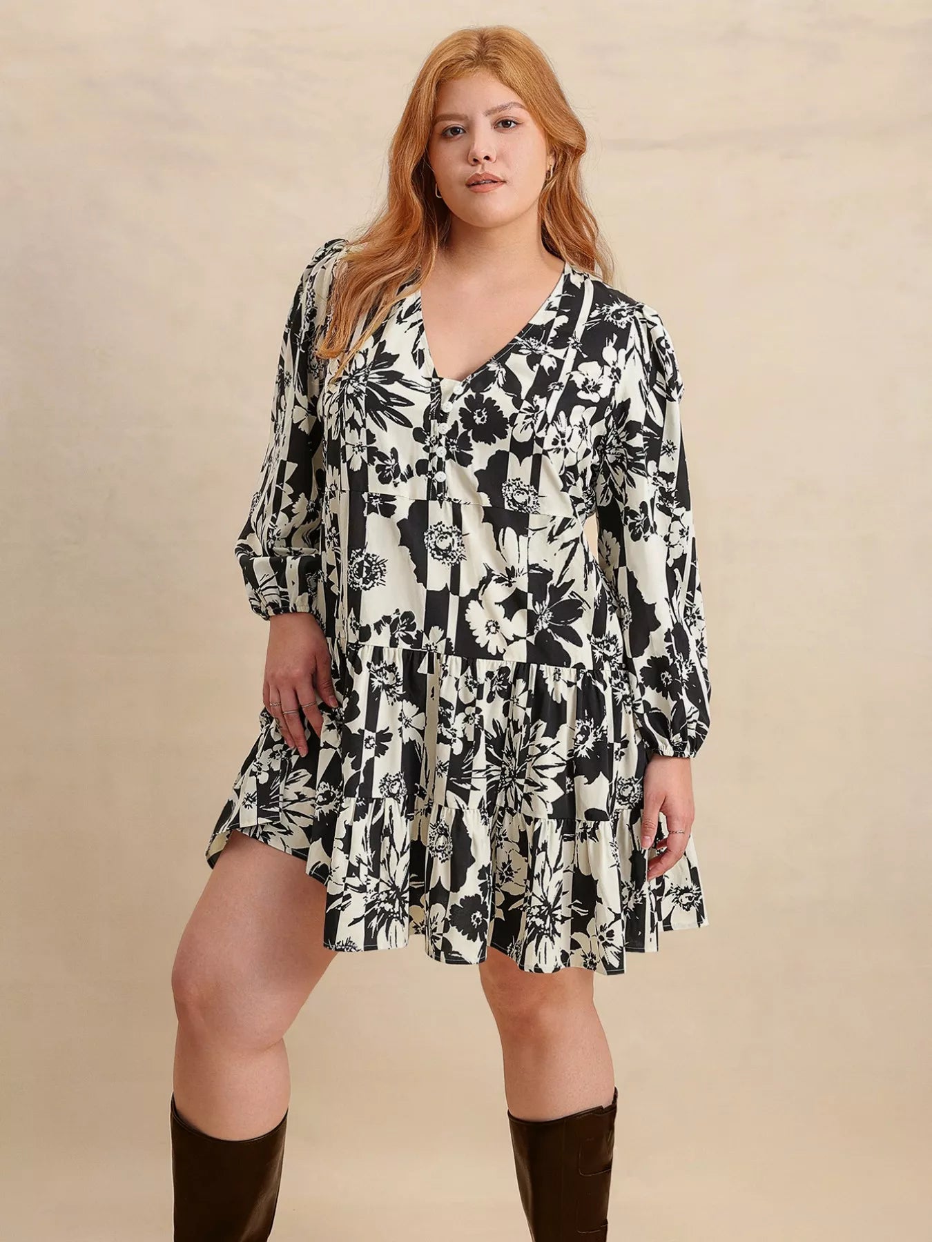 Plus Size Printed V - Neck Long Sleeve Mini Dress - MAD RUFFI