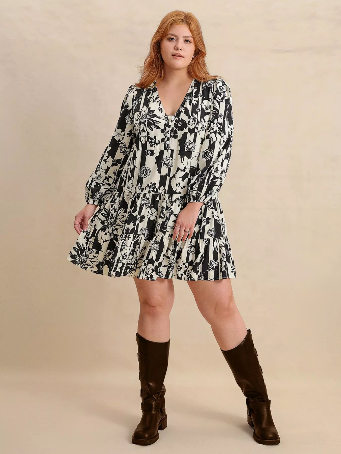 Plus Size Printed V - Neck Long Sleeve Mini Dress - MAD RUFFI