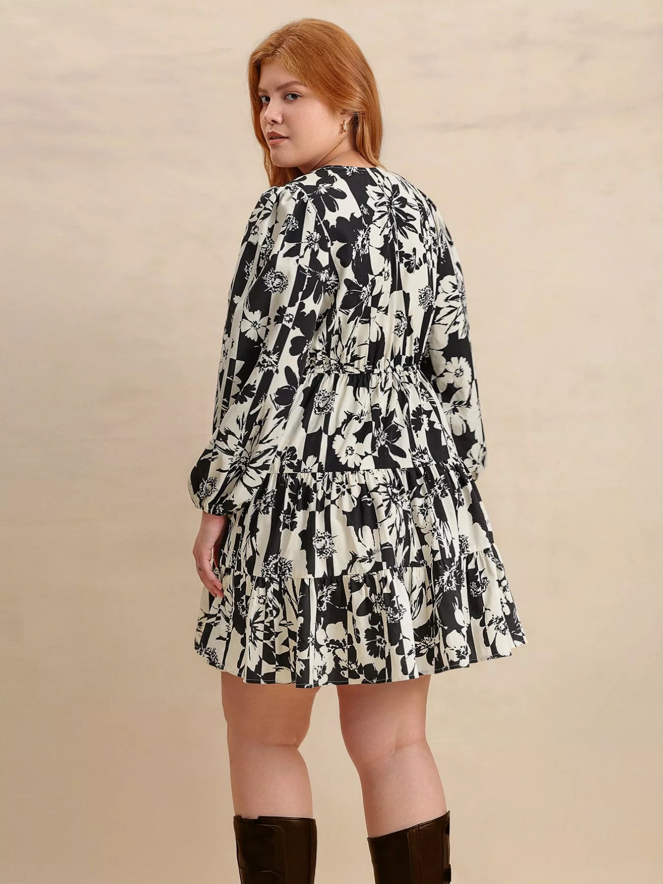 Plus Size Printed V - Neck Long Sleeve Mini Dress - MAD RUFFI