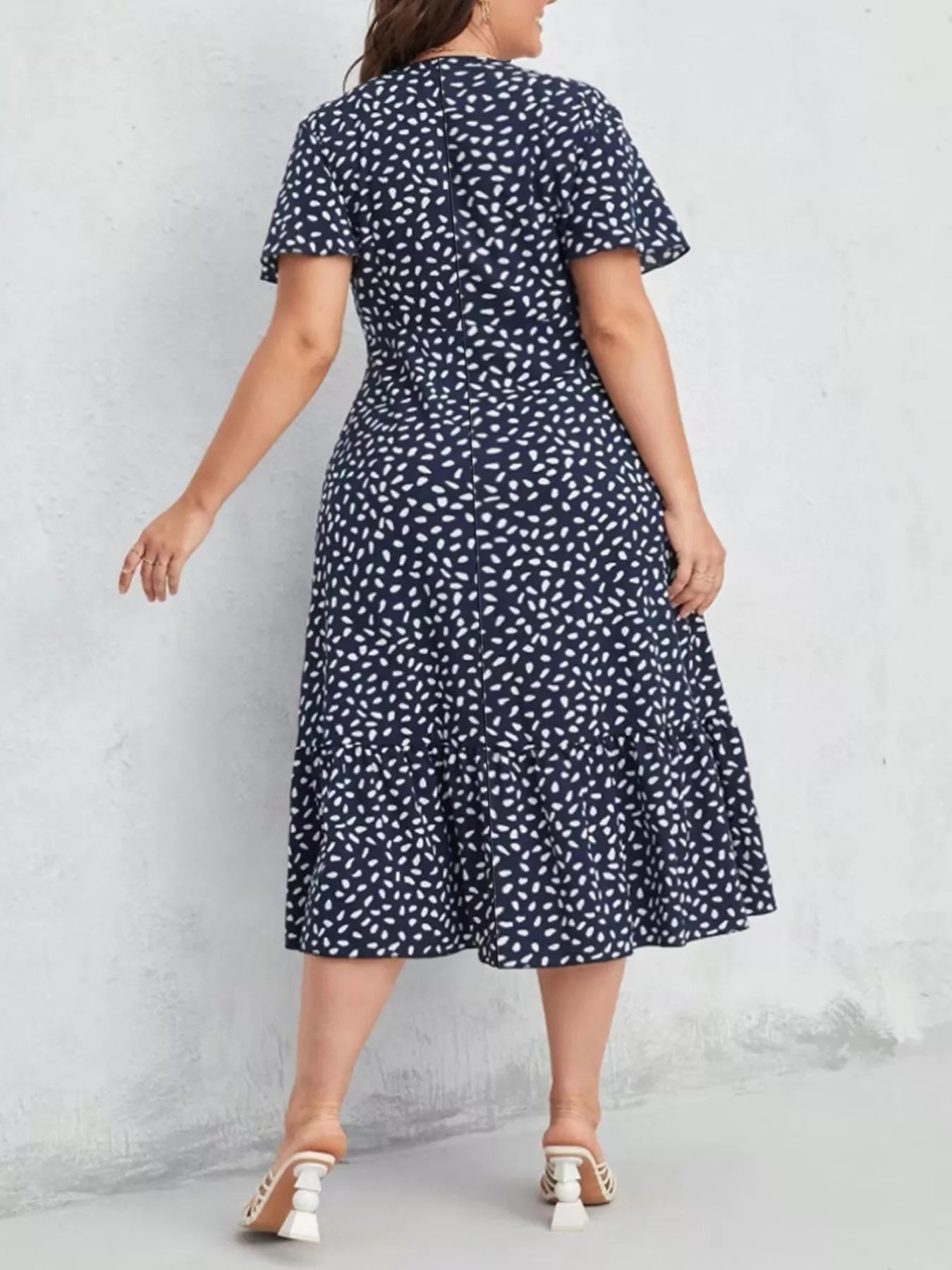 Plus Size Printed V - Neck Short Sleeve Dress - MAD RUFFI
