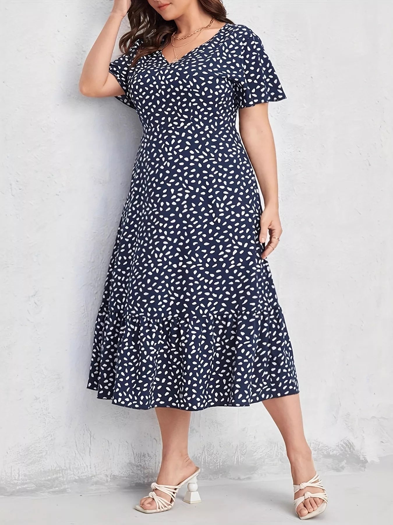 Plus Size Printed V - Neck Short Sleeve Dress - MAD RUFFI