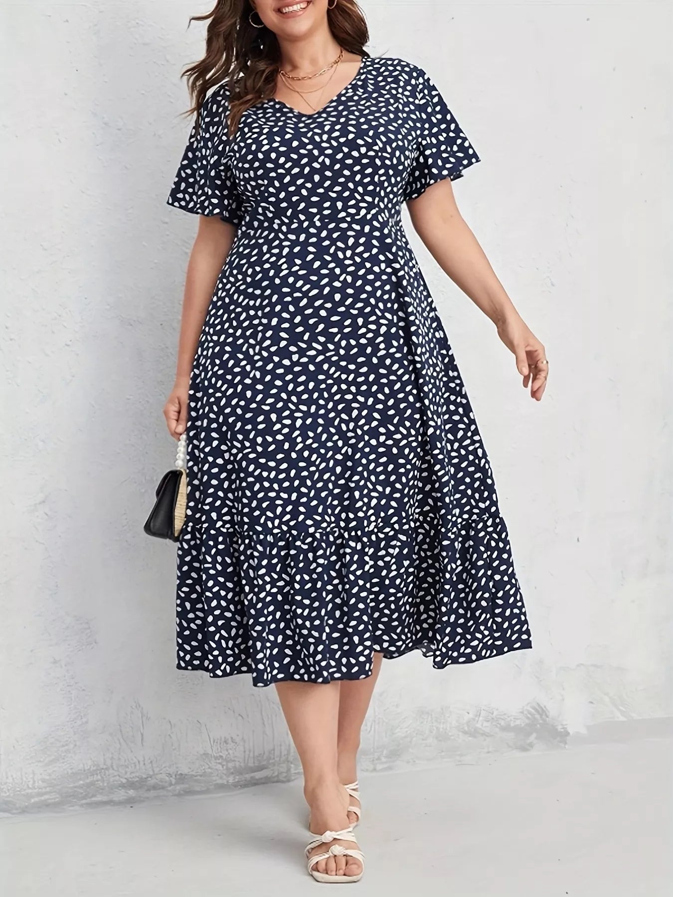 Plus Size Printed V - Neck Short Sleeve Dress - MAD RUFFI
