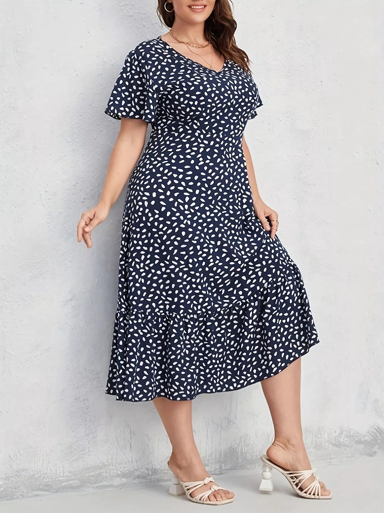 Plus Size Printed V - Neck Short Sleeve Dress - MAD RUFFI