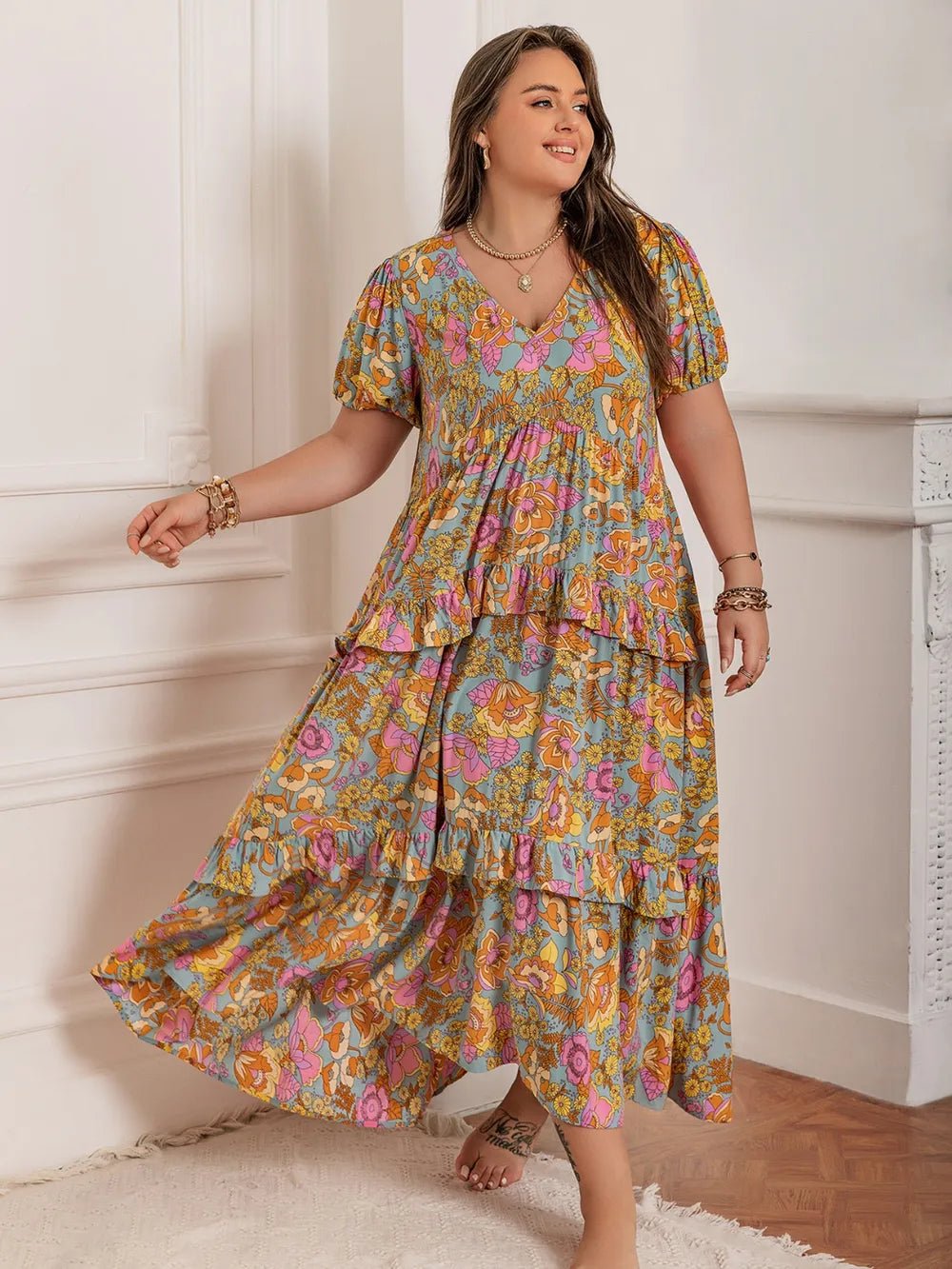 Plus Size Printed V - Neck Short Sleeve Maxi Dress - MAD RUFFI