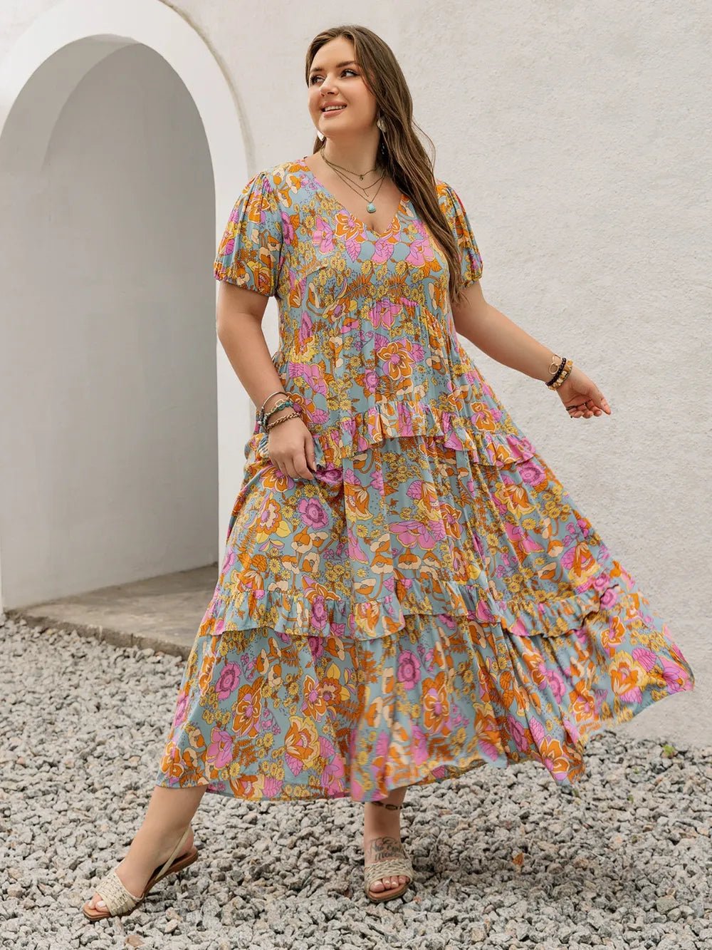 Plus Size Printed V - Neck Short Sleeve Maxi Dress - MAD RUFFI