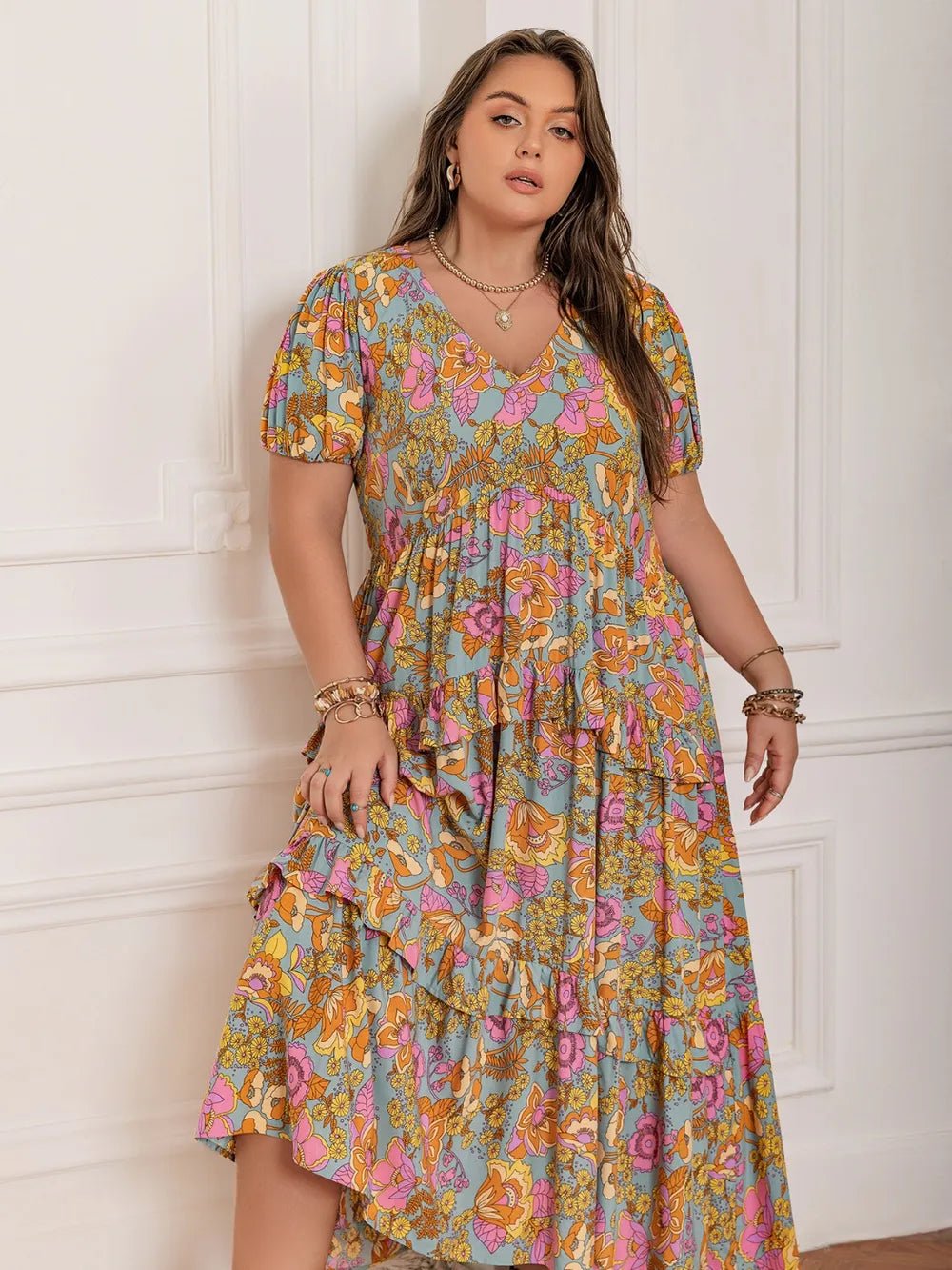 Plus Size Printed V - Neck Short Sleeve Maxi Dress - MAD RUFFI