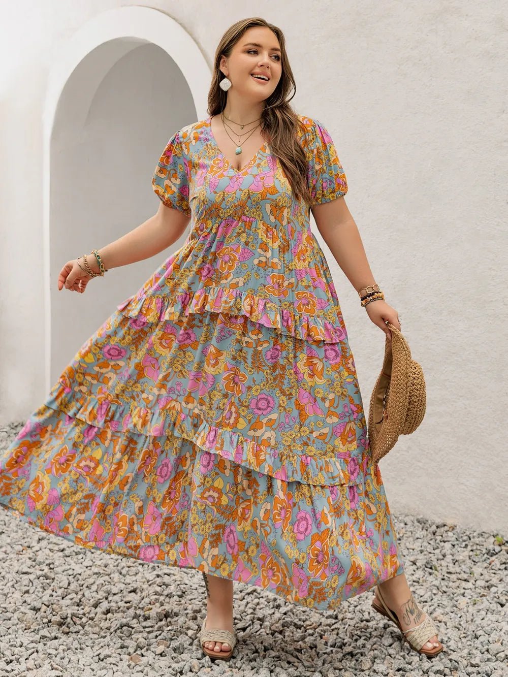 Plus Size Printed V - Neck Short Sleeve Maxi Dress - MAD RUFFI