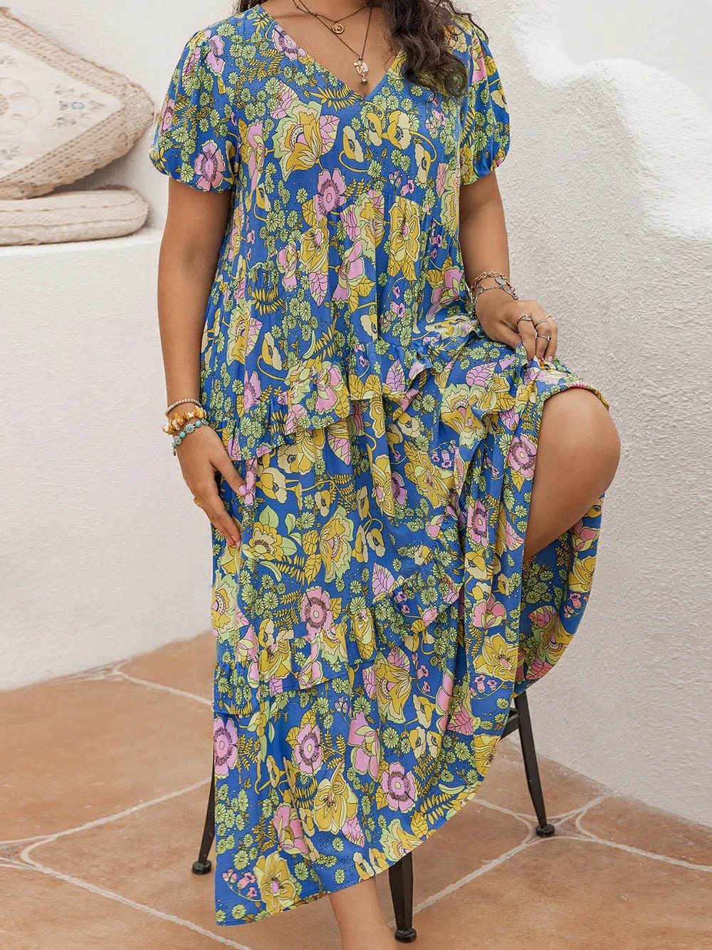 Plus Size Printed V - Neck Short Sleeve Maxi Dress - MAD RUFFI