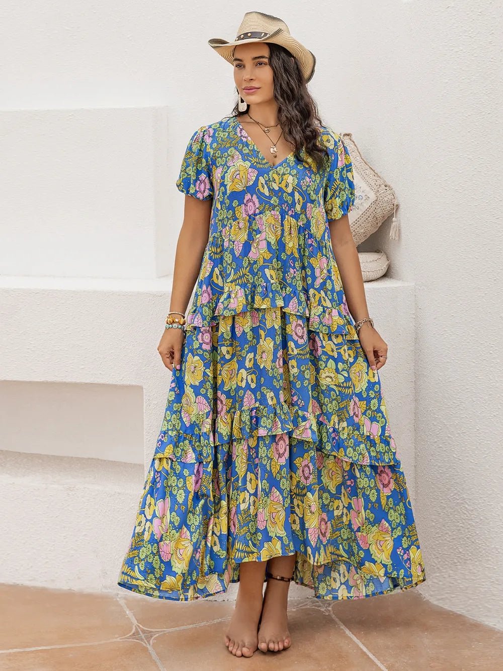 Plus Size Printed V - Neck Short Sleeve Maxi Dress - MAD RUFFI